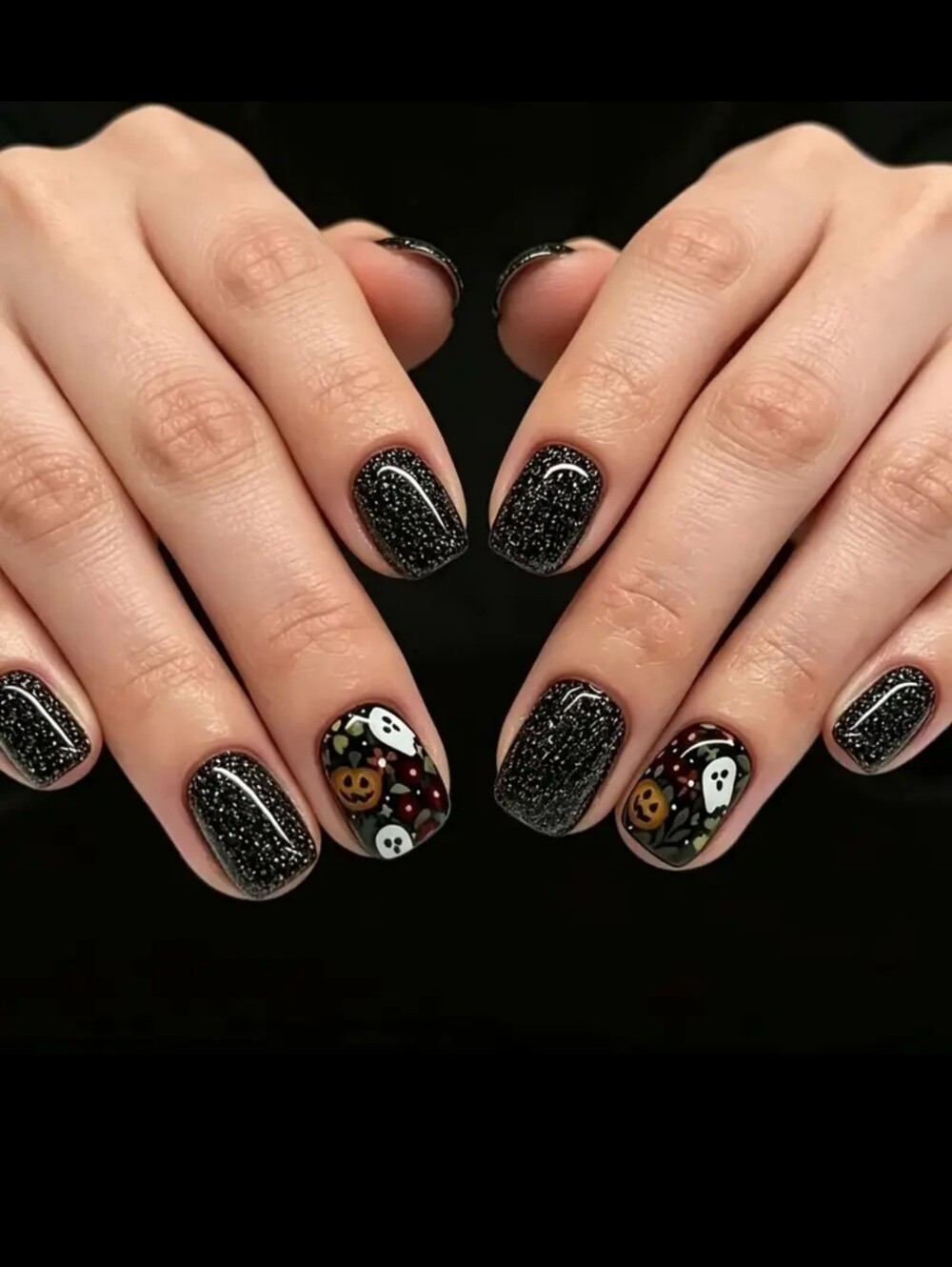 2/10🍀 Dark Fine Glitter Ghost Pumpkin Cartoon Press-On Nails